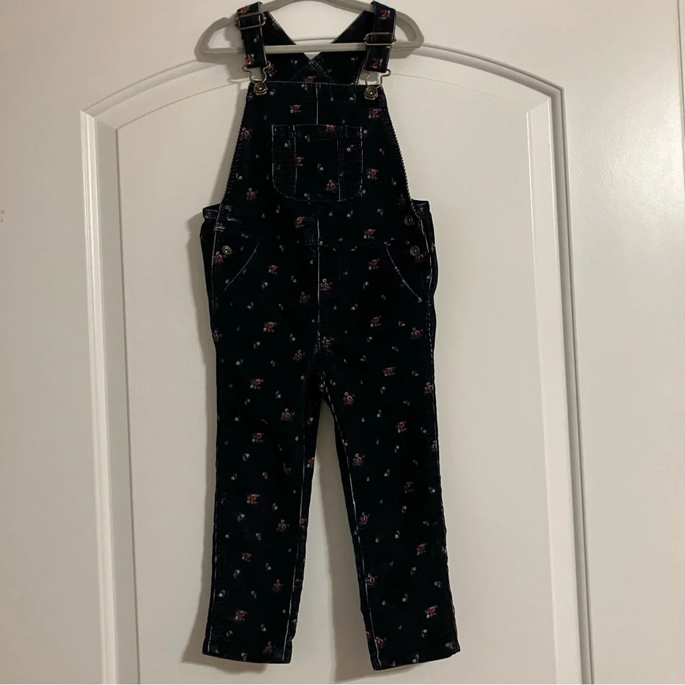 Baby Gap Navy‎ Blue Corduroy Overalls Pink floral All Over Print Girls Sz 4T